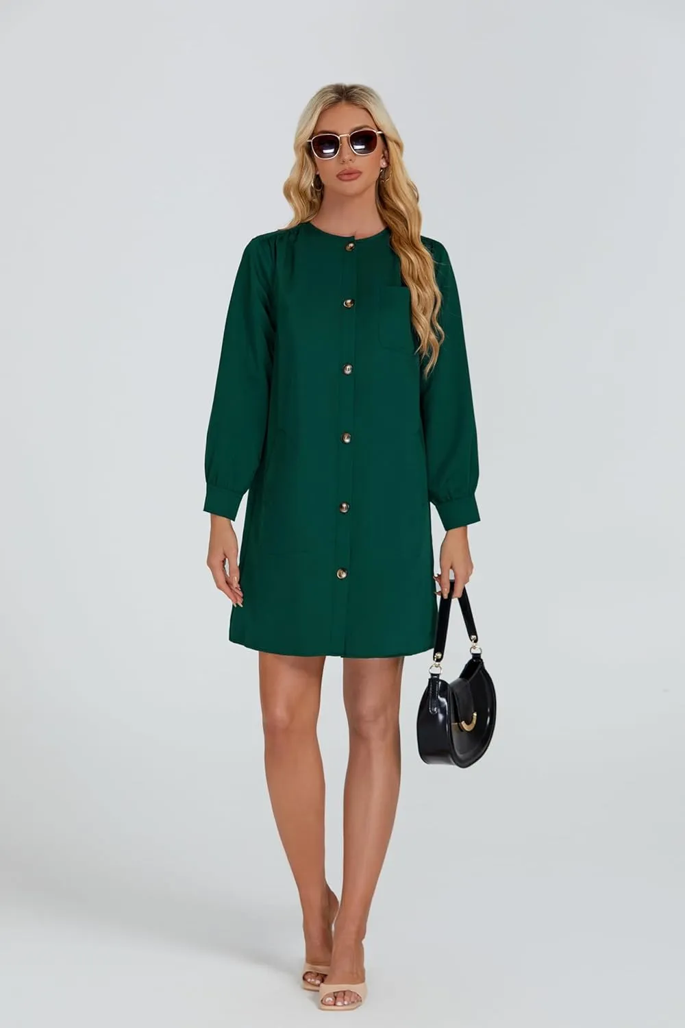 Women's Button Down Mini Dress Long Puff Sleeve Loose Fit Shift Dresses with Pockets