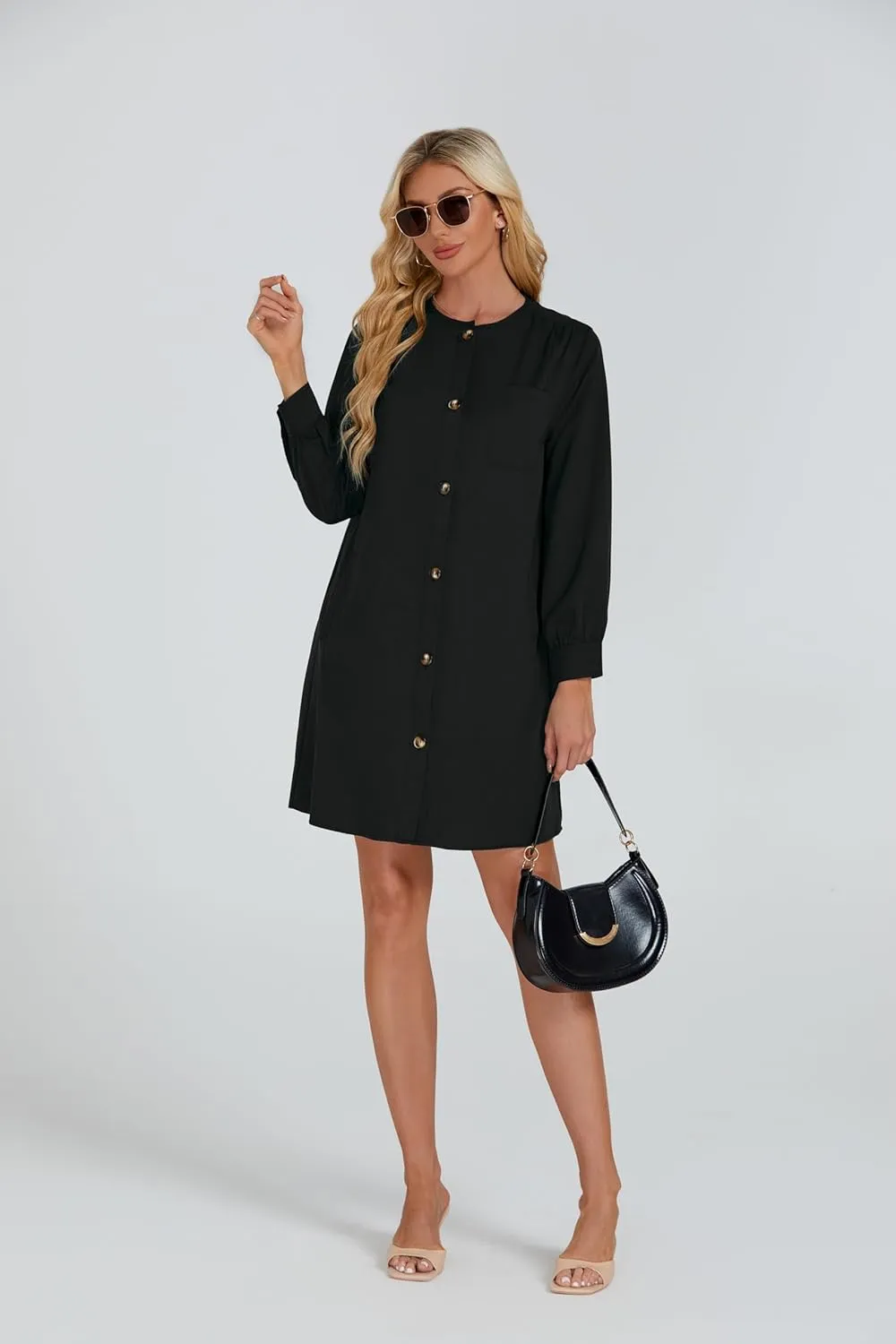 Women's Button Down Mini Dress Long Puff Sleeve Loose Fit Shift Dresses with Pockets