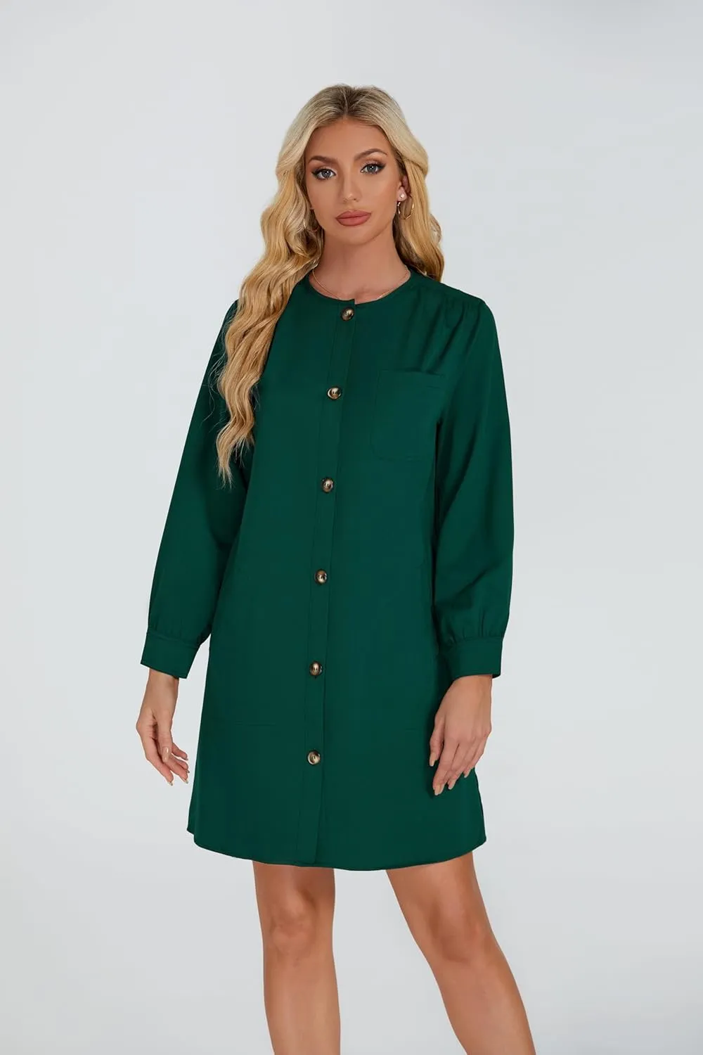 Women's Button Down Mini Dress Long Puff Sleeve Loose Fit Shift Dresses with Pockets