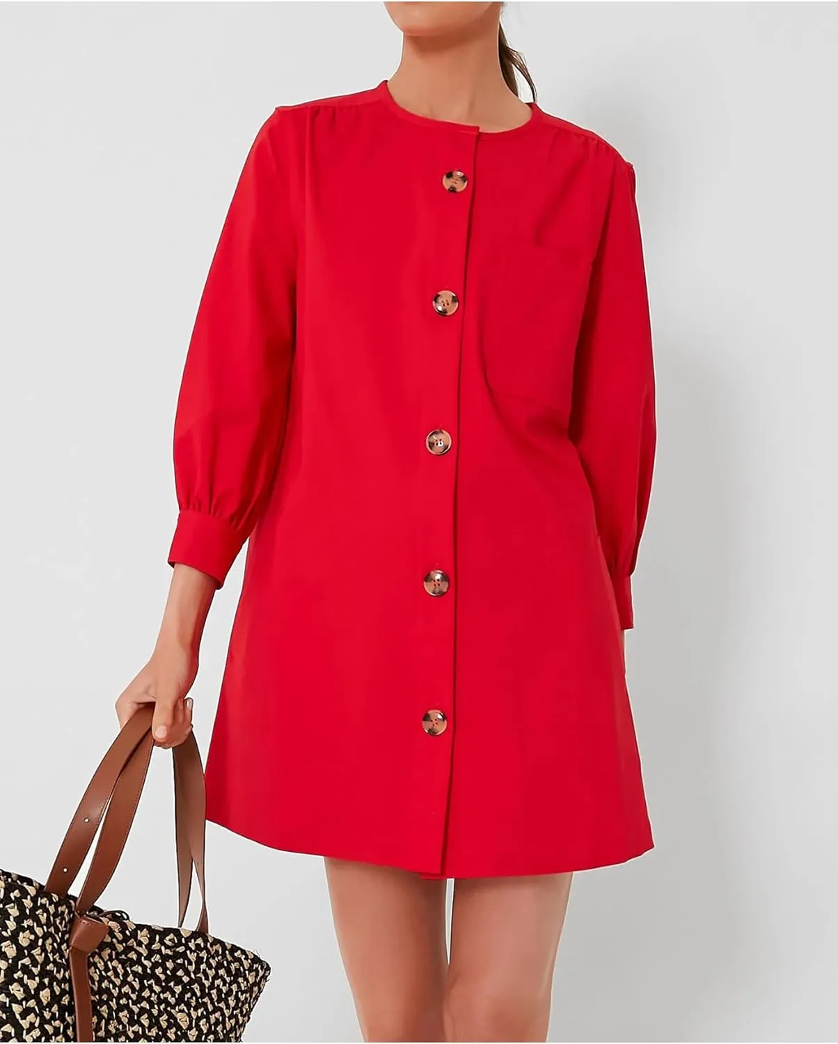 Women's Button Down Mini Dress Long Puff Sleeve Loose Fit Shift Dresses with Pockets