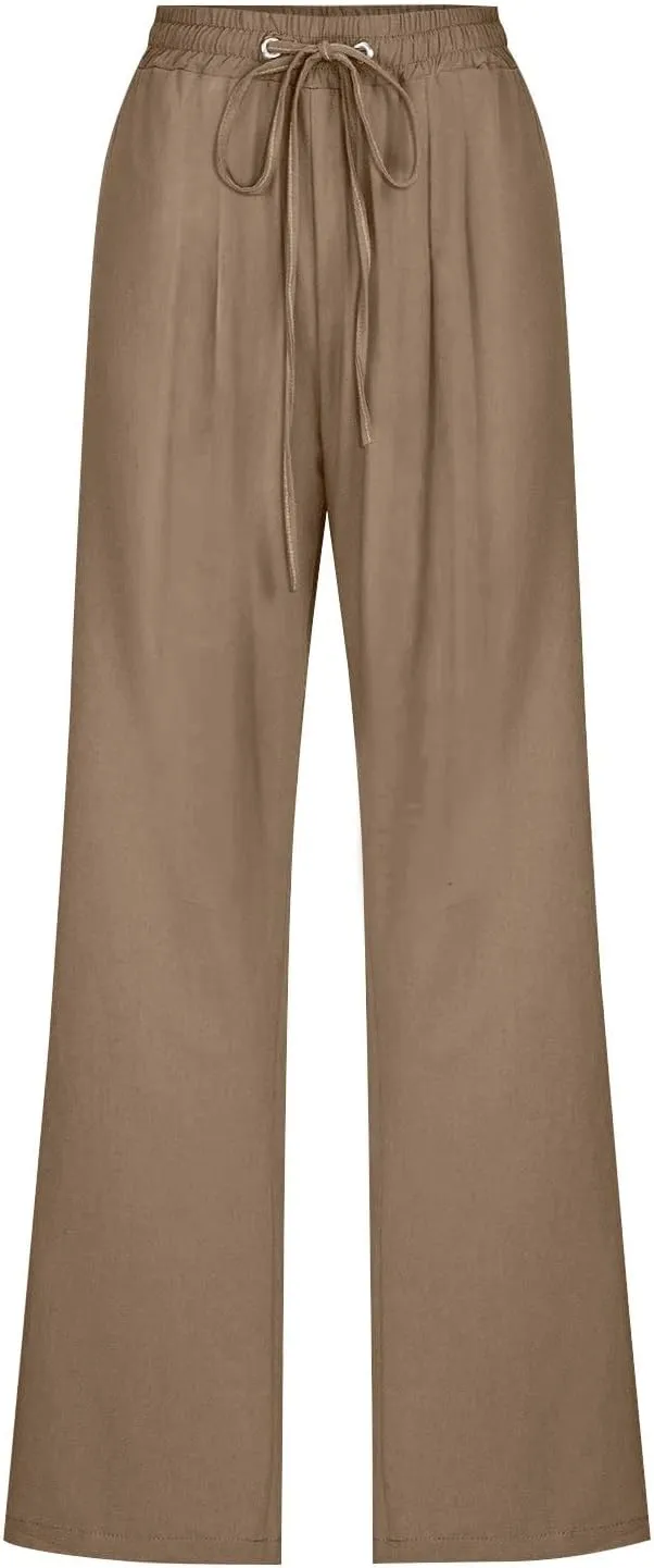 Womens Casual Linen High Waist Pants Drawstring Elastic Loose Fit Summer Pants Plus Size Trousers with Side Pockets