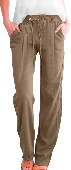 Womens Casual Linen High Waist Pants Drawstring Elastic Loose Fit Summer Pants Plus Size Trousers with Side Pockets