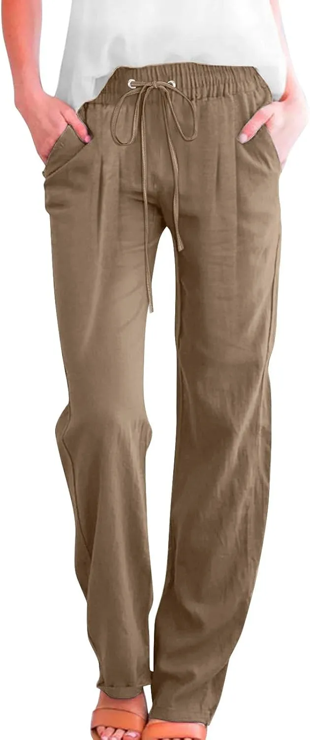 Womens Casual Linen High Waist Pants Drawstring Elastic Loose Fit Summer Pants Plus Size Trousers with Side Pockets