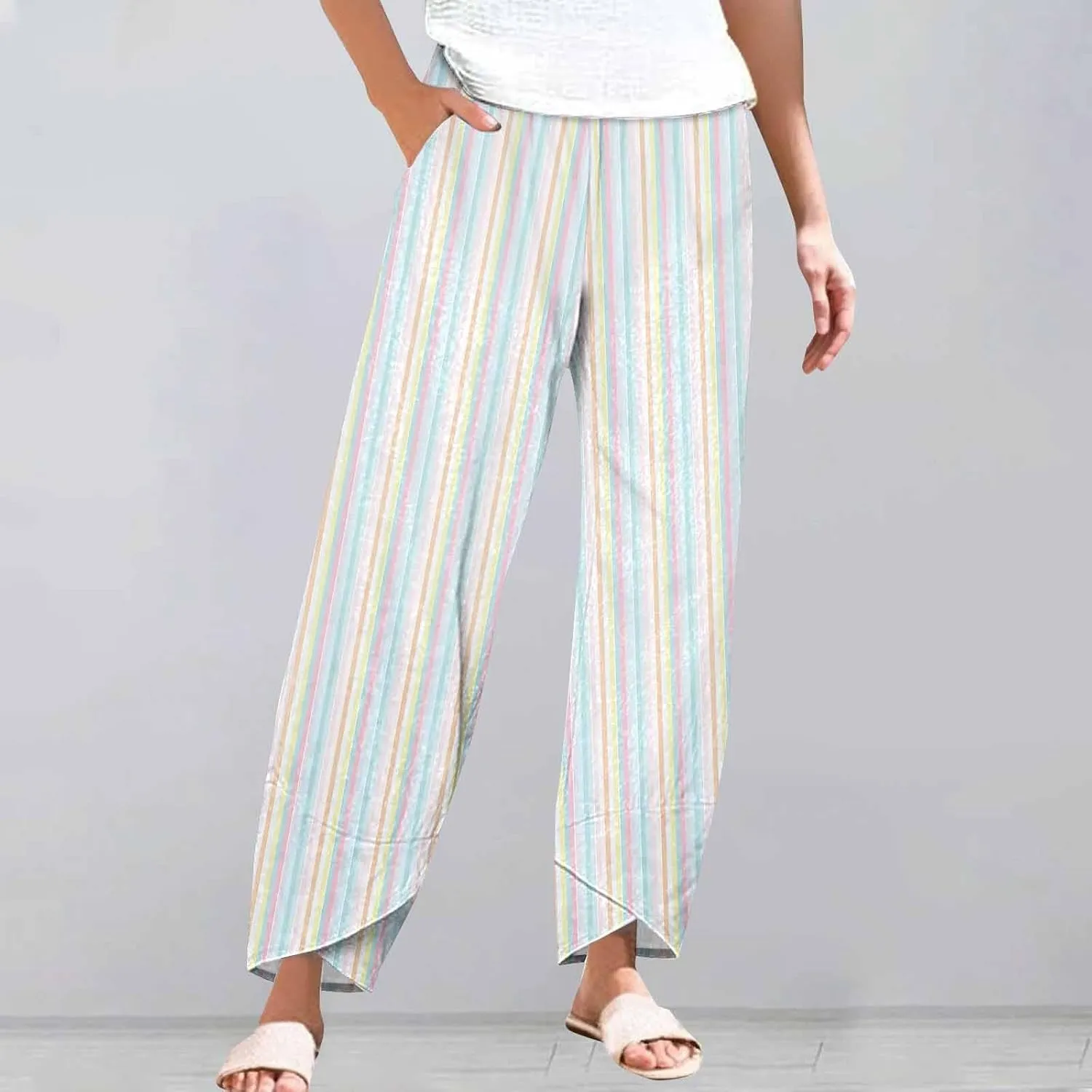 Womens Cotton Linen Striped Pants Wide Leg Comfy Cute Trousers Fashionable Loose Straight Pant for Outdoor Hiking Workout
