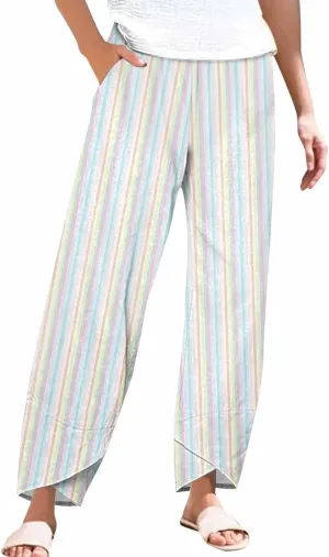 Womens Cotton Linen Striped Pants Wide Leg Comfy Cute Trousers Fashionable Loose Straight Pant for Outdoor Hiking Workout