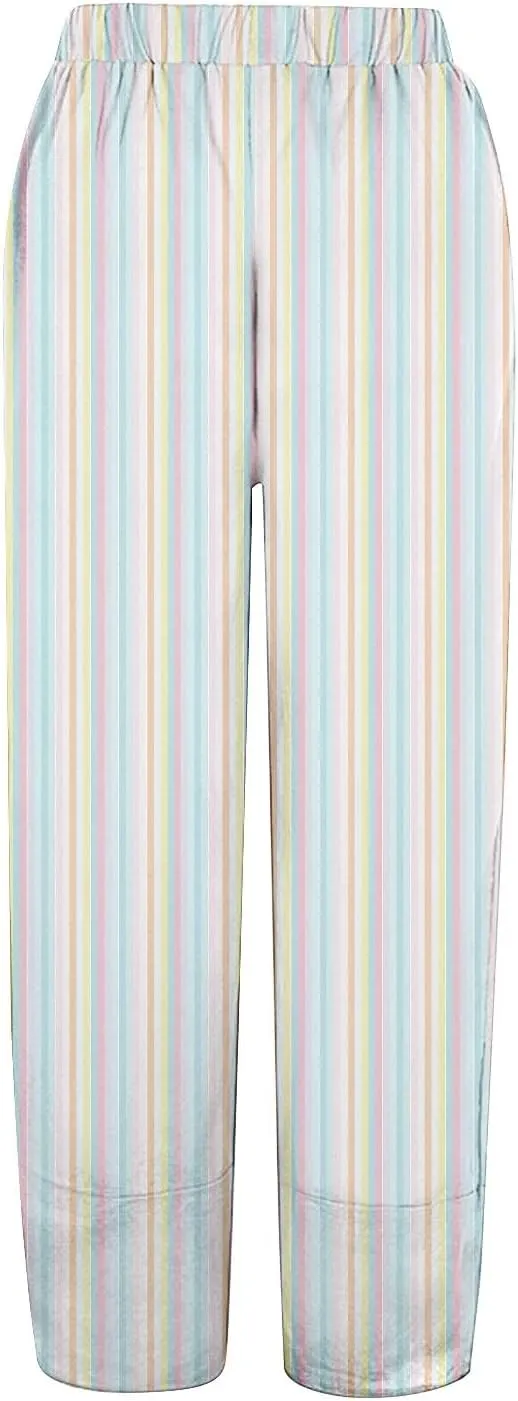 Womens Cotton Linen Striped Pants Wide Leg Comfy Cute Trousers Fashionable Loose Straight Pant for Outdoor Hiking Workout