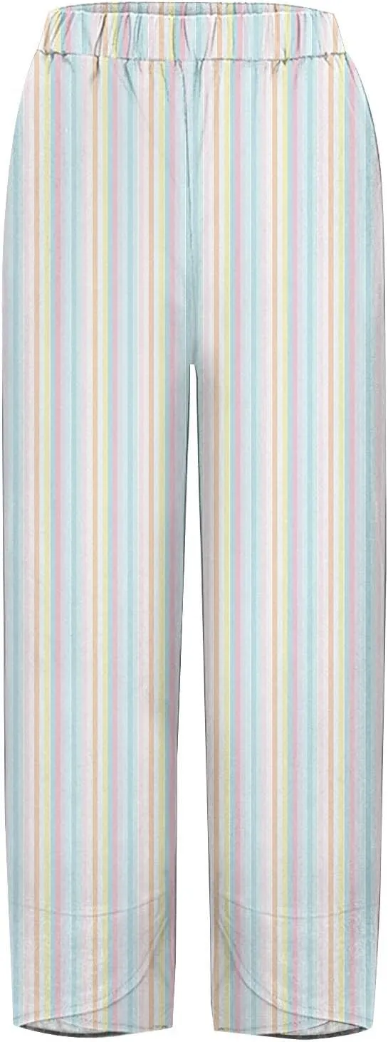 Womens Cotton Linen Striped Pants Wide Leg Comfy Cute Trousers Fashionable Loose Straight Pant for Outdoor Hiking Workout