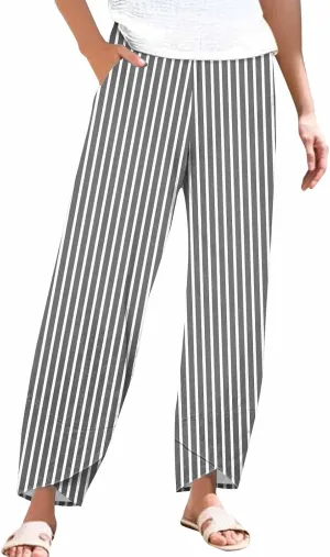 Womens Cotton Linen Striped Pants Wide Leg Comfy Trousers Fashionable Loose Straight Pant for Outdoor Hiking