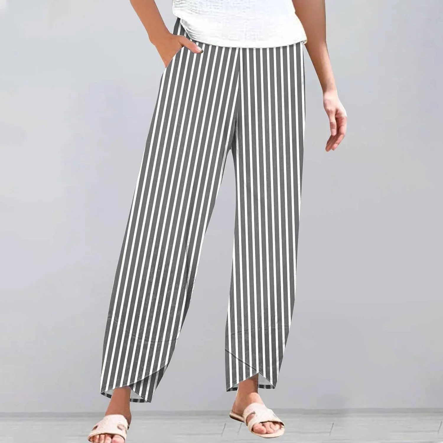Womens Cotton Linen Striped Pants Wide Leg Comfy Trousers Fashionable Loose Straight Pant for Outdoor Hiking