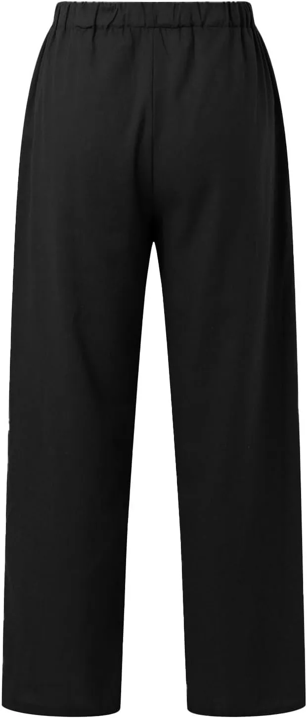 Women's Cotton Linen Trousers Casual Fashionable High-Waisted Drawstring Pants Straight Loose Pant for Joggers Outdoor