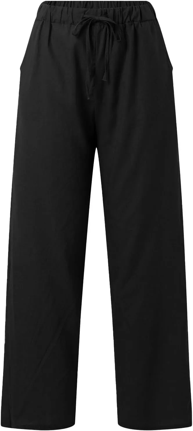 Women's Cotton Linen Trousers Casual Fashionable High-Waisted Drawstring Pants Straight Loose Pant for Joggers Outdoor