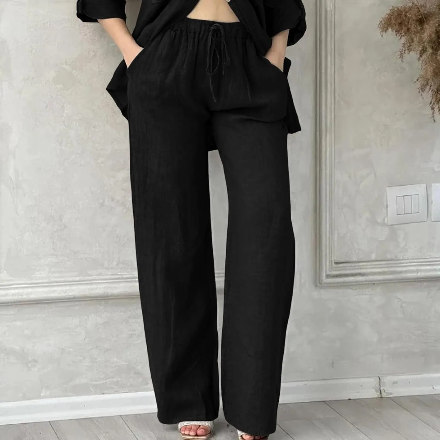 Women's Cotton Linen Trousers Casual Fashionable High-Waisted Drawstring Pants Straight Loose Pant for Joggers Outdoor