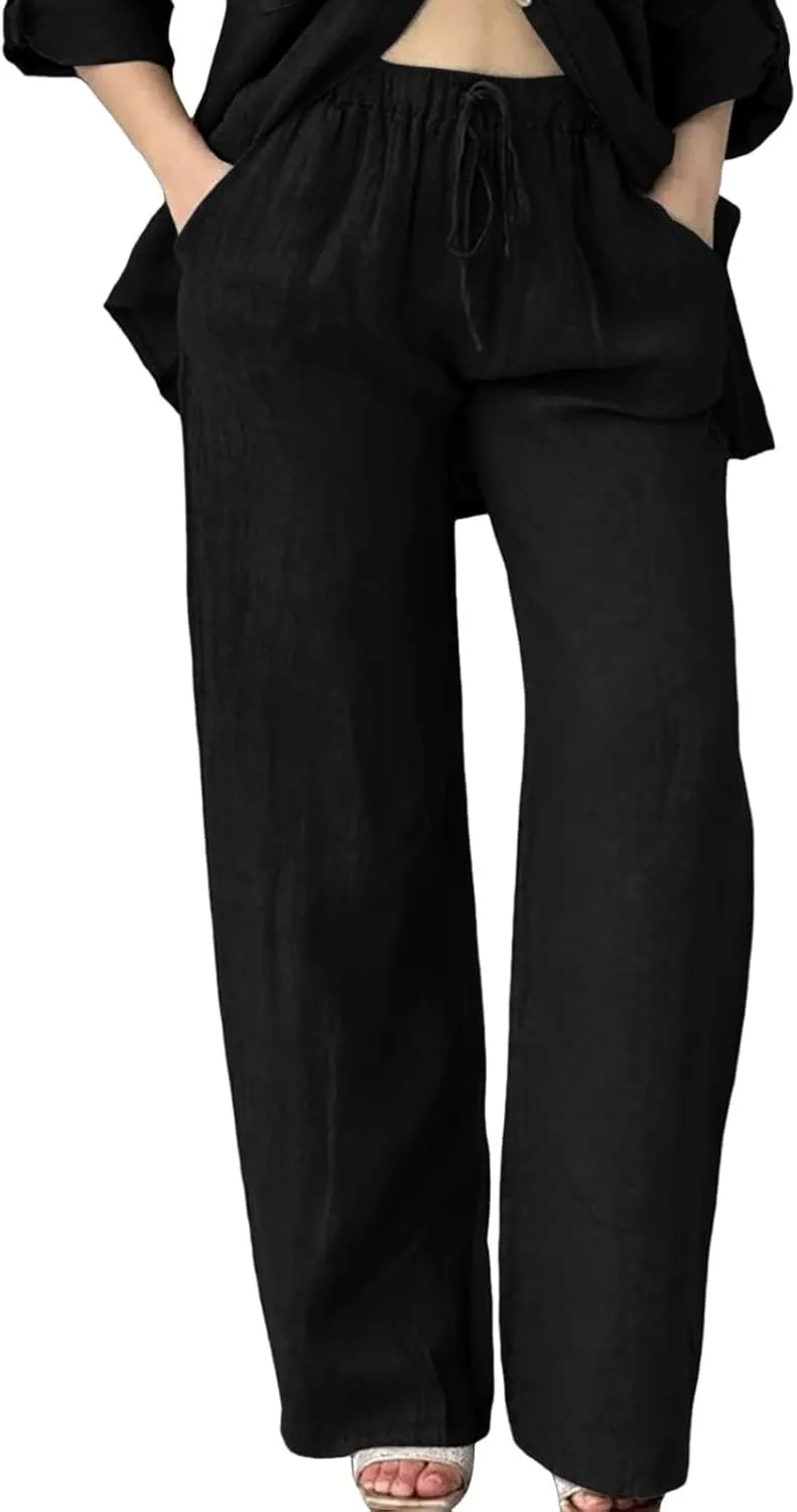 Women's Cotton Linen Trousers Casual Fashionable High-Waisted Drawstring Pants Straight Loose Pant for Joggers Outdoor