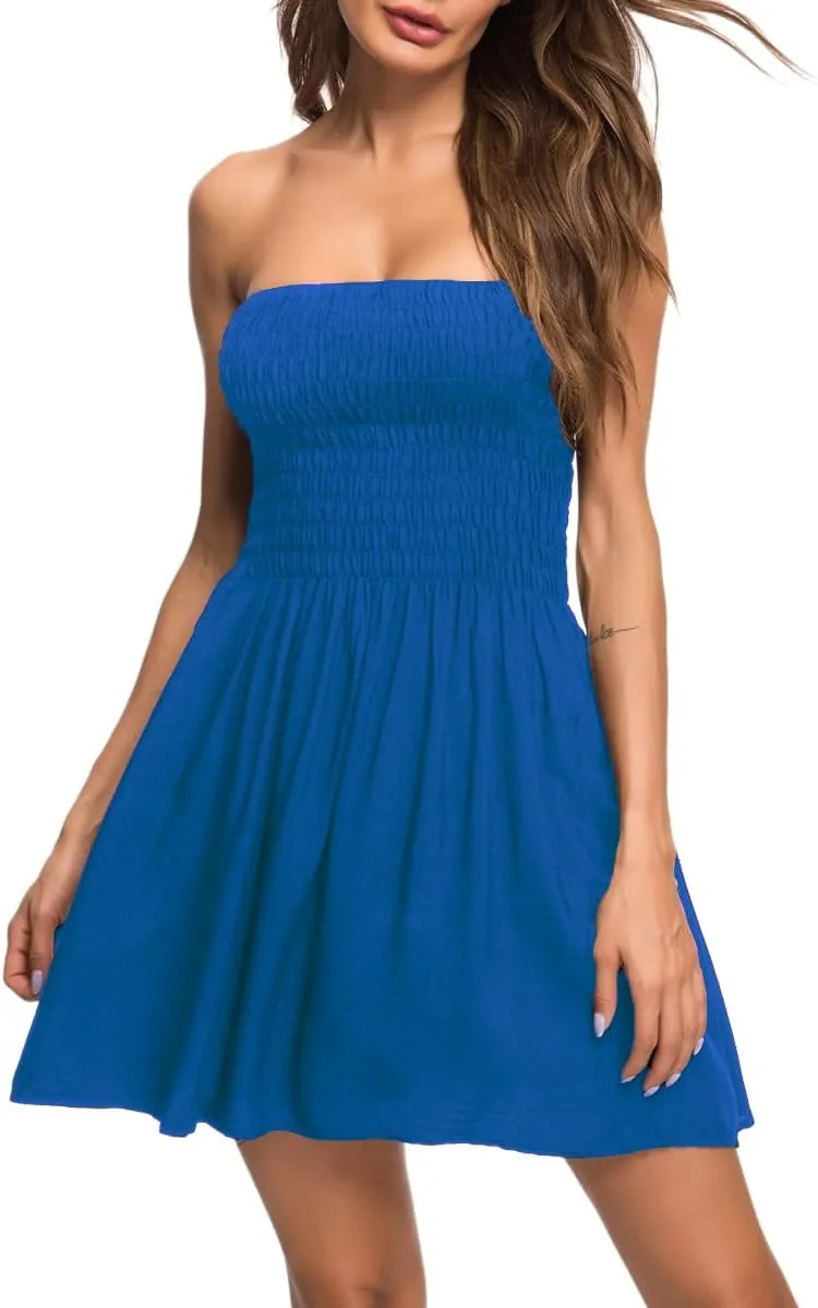 Women's Cover Up Tie Shoulder Frill Smocked High Waist Dresses Tube Top Beach Mini Dress 6605