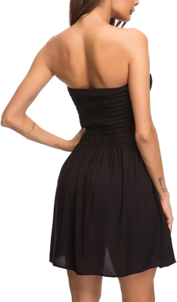 Women's Cover Up Tie Shoulder Frill Smocked High Waist Dresses Tube Top Beach Mini Dress 6605