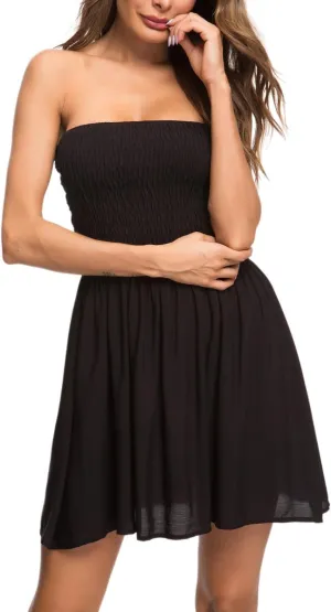 Women's Cover Up Tie Shoulder Frill Smocked High Waist Dresses Tube Top Beach Mini Dress 6605