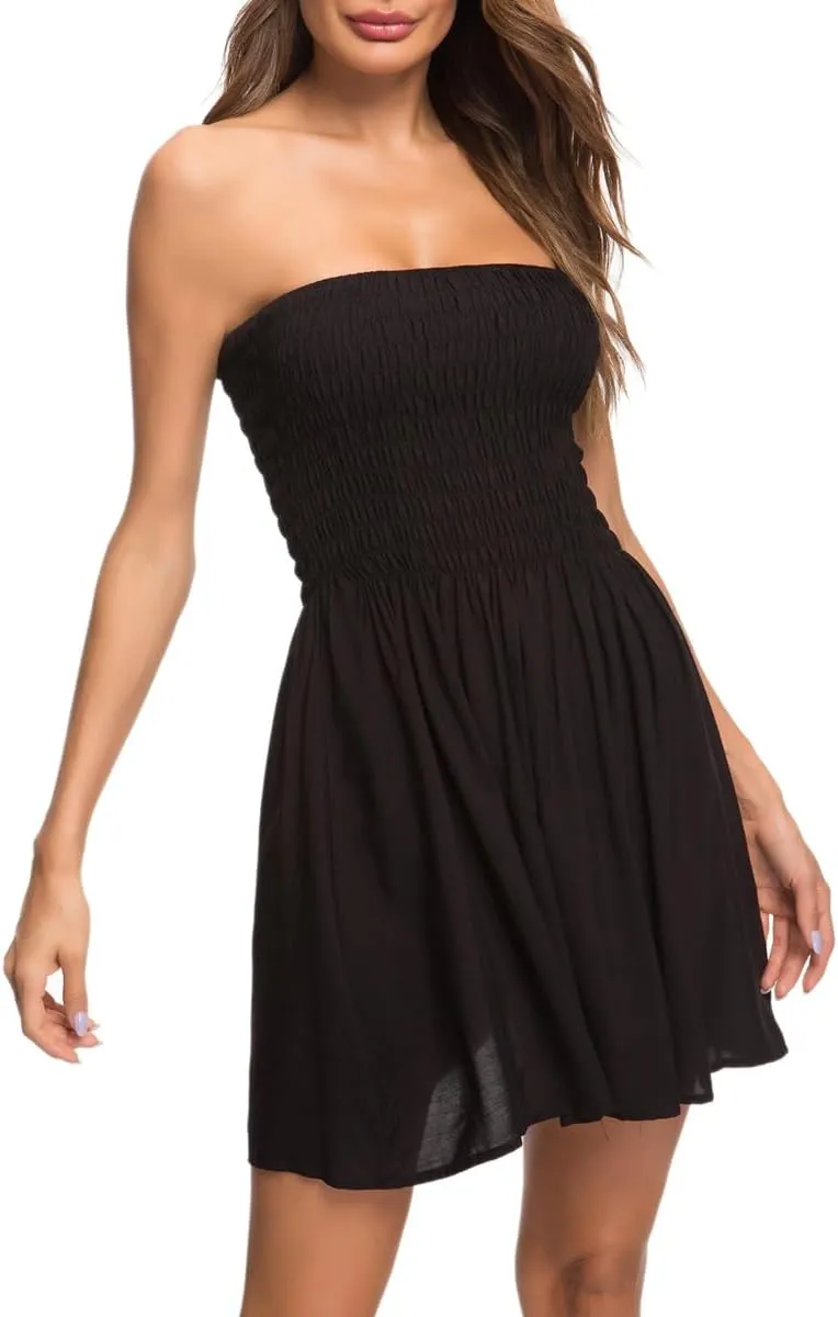 Women's Cover Up Tie Shoulder Frill Smocked High Waist Dresses Tube Top Beach Mini Dress 6605