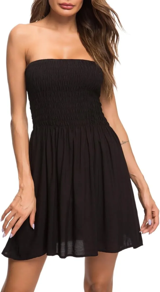 Women's Cover Up Tie Shoulder Frill Smocked High Waist Dresses Tube Top Beach Mini Dress 6605