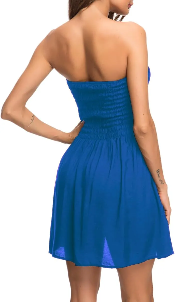 Women's Cover Up Tie Shoulder Frill Smocked High Waist Dresses Tube Top Beach Mini Dress 6605