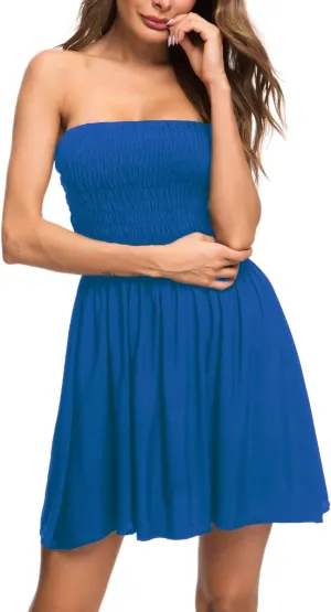 Women's Cover Up Tie Shoulder Frill Smocked High Waist Dresses Tube Top Beach Mini Dress 6605