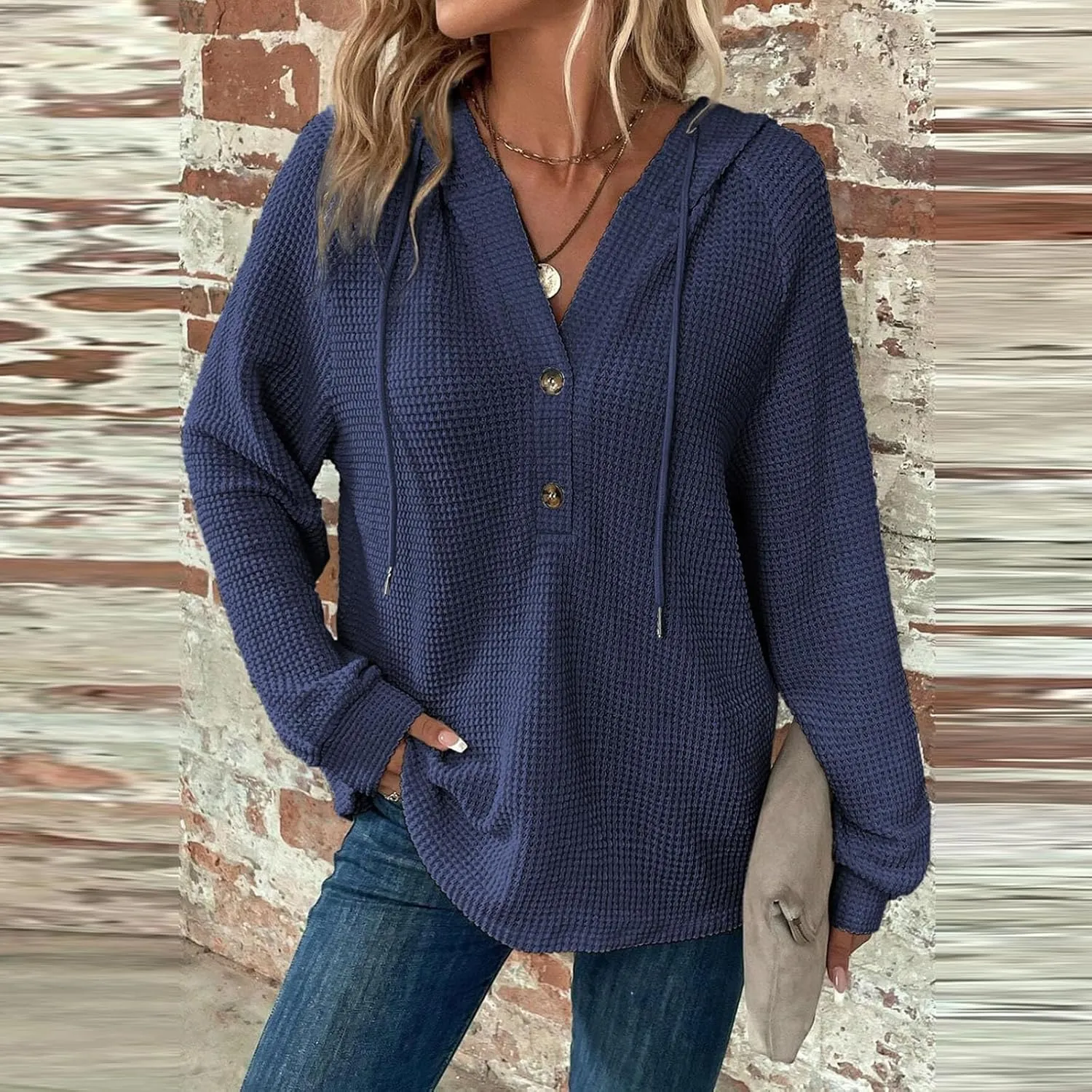 Womens Hoodies Hoodies for Women Waffle Knit Drawstring Button V Neck Long Sleeve Casual Pullover Sweatshirt Hooded Tops