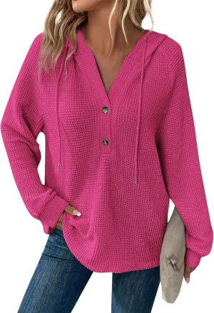 Womens Hoodies Hoodies for Women Waffle Knit Drawstring Button V Neck Long Sleeve Casual Pullover Sweatshirt Hooded Tops