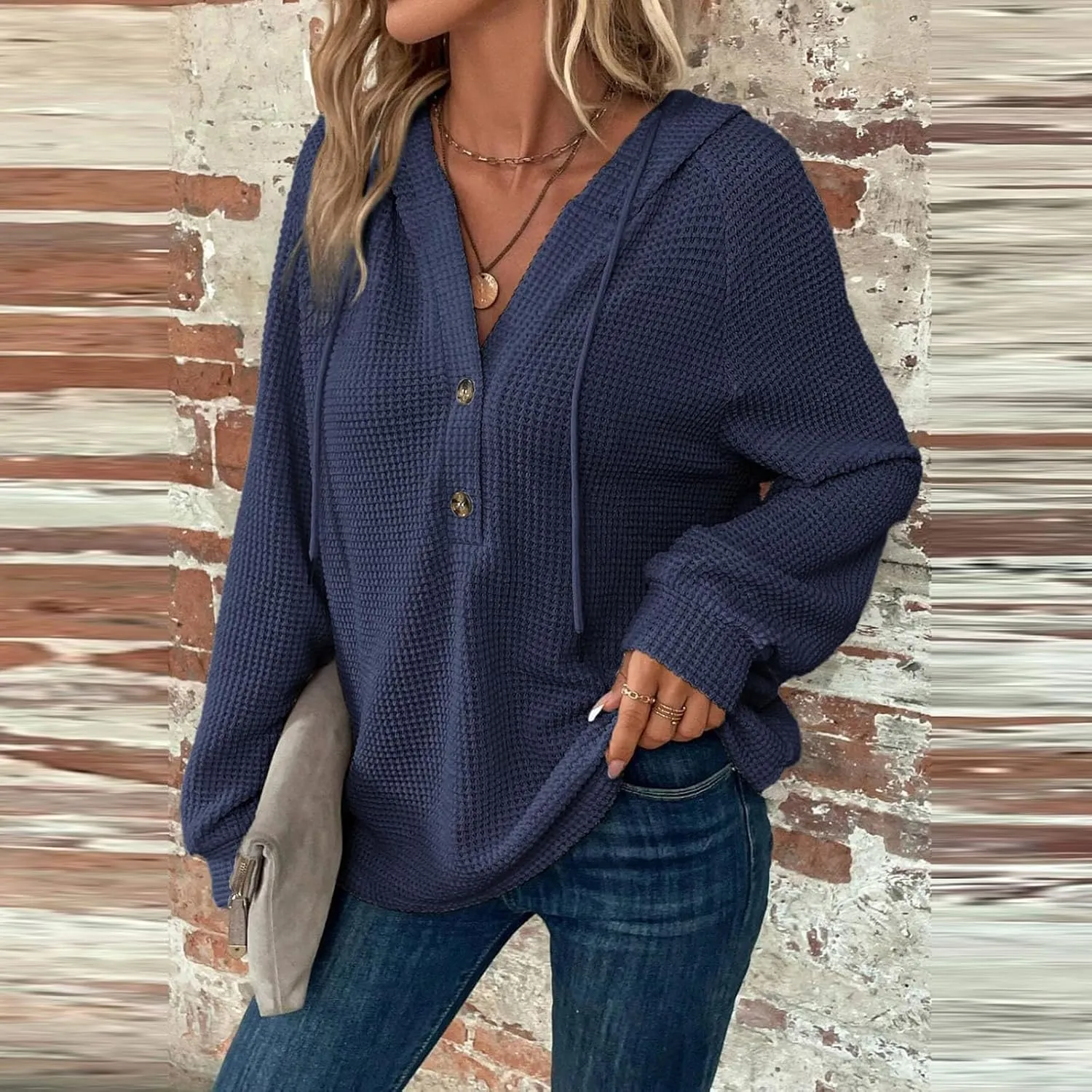 Womens Hoodies Hoodies for Women Waffle Knit Drawstring Button V Neck Long Sleeve Casual Pullover Sweatshirt Hooded Tops