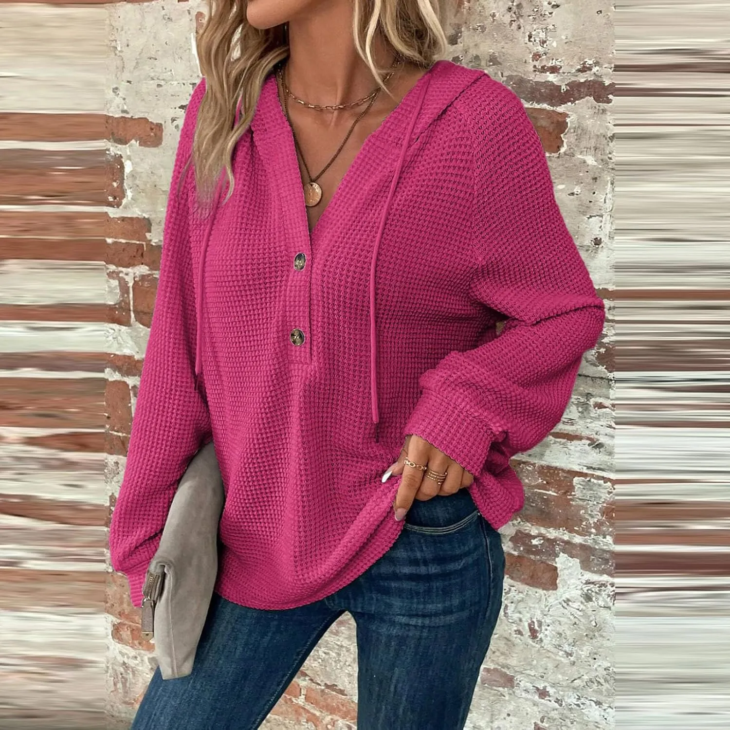 Womens Hoodies Hoodies for Women Waffle Knit Drawstring Button V Neck Long Sleeve Casual Pullover Sweatshirt Hooded Tops
