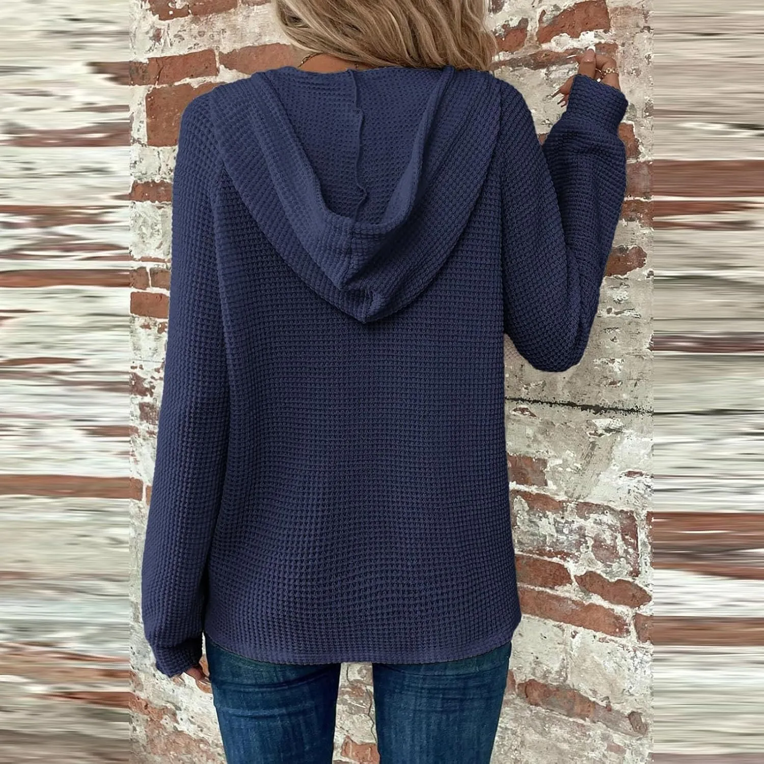 Womens Hoodies Hoodies for Women Waffle Knit Drawstring Button V Neck Long Sleeve Casual Pullover Sweatshirt Hooded Tops