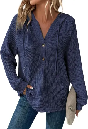 Womens Hoodies Hoodies for Women Waffle Knit Drawstring Button V Neck Long Sleeve Casual Pullover Sweatshirt Hooded Tops