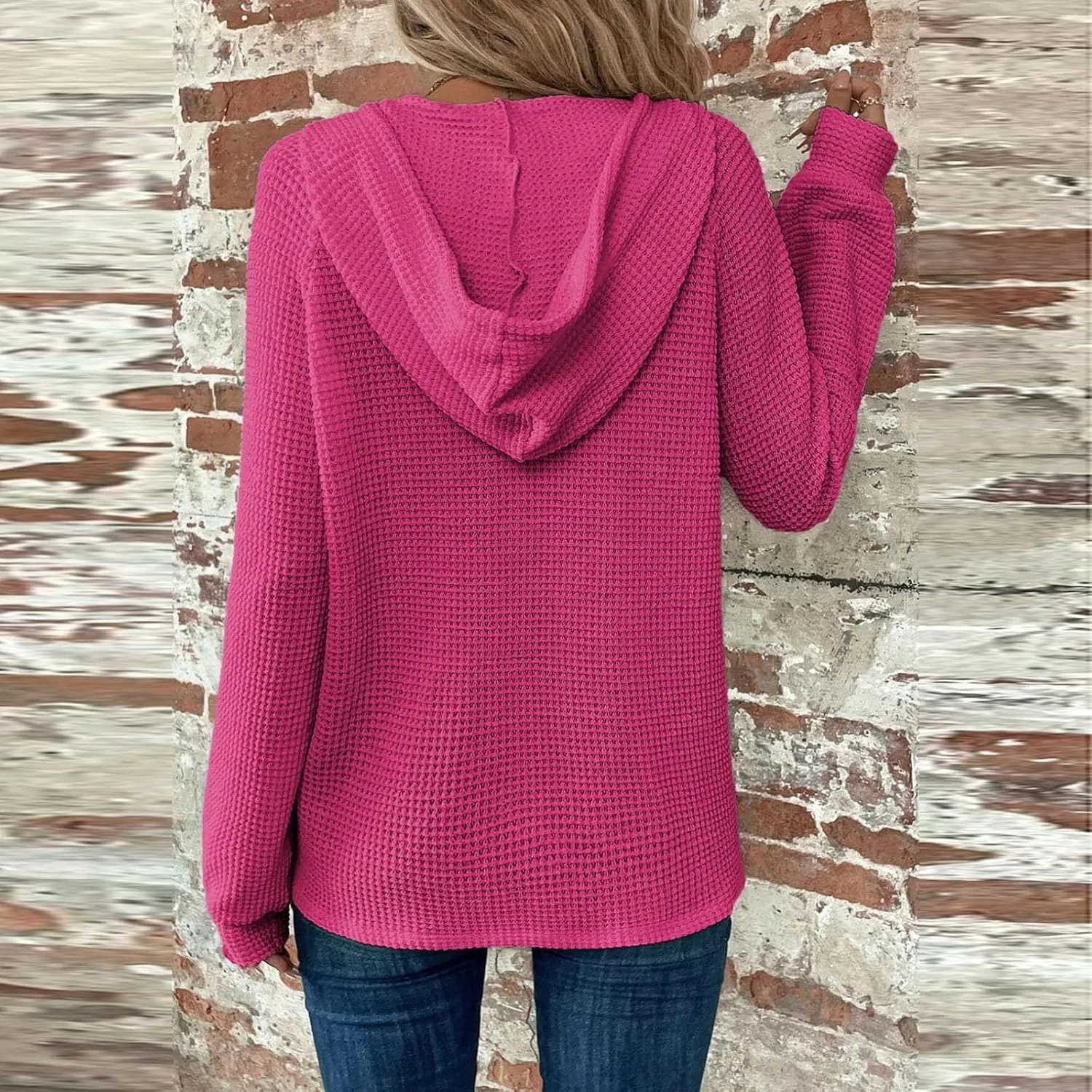 Womens Hoodies Hoodies for Women Waffle Knit Drawstring Button V Neck Long Sleeve Casual Pullover Sweatshirt Hooded Tops