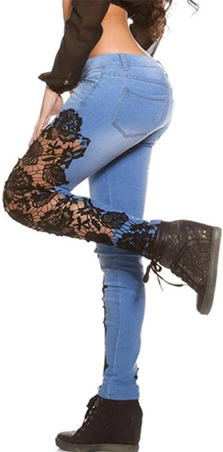 Women's Lace Pencil Jeans High Waist Sexy Hollow Pocket Denim Trousers Washed Distressed Stretch Skinny Jean Pants