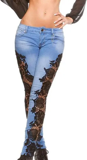 Women's Lace Pencil Jeans High Waist Sexy Hollow Pocket Denim Trousers Washed Distressed Stretch Skinny Jean Pants