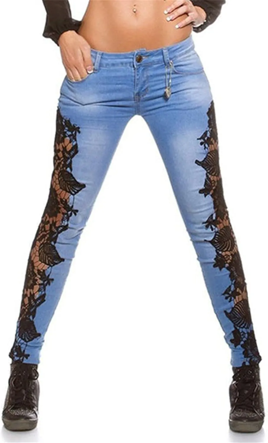 Women's Lace Pencil Jeans High Waist Sexy Hollow Pocket Denim Trousers Washed Distressed Stretch Skinny Jean Pants