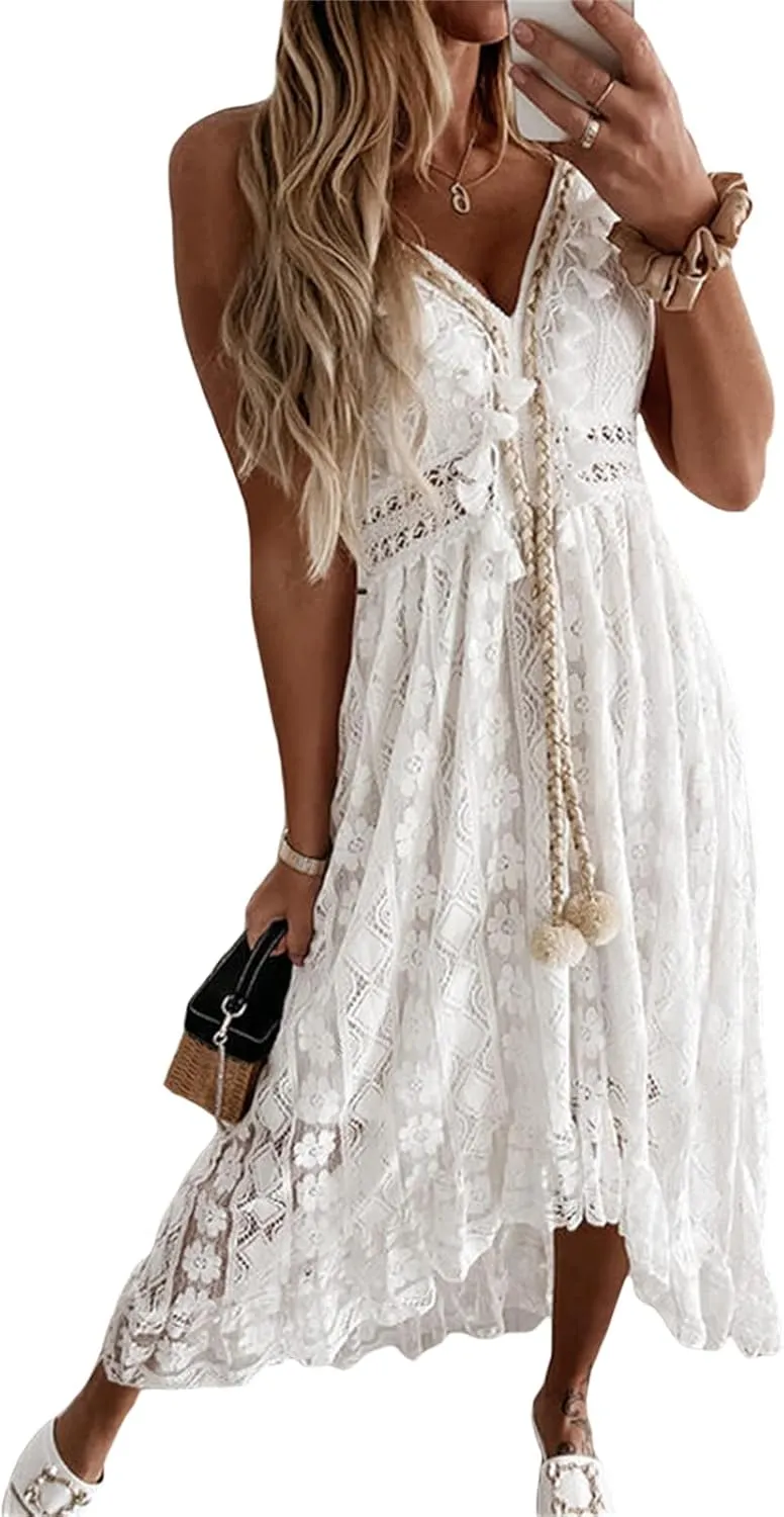 Women's Lace Up Dresses Boho Embroidery V-Neck Maxi Dress Flare Ruffle Lace Hem Beach Dress Swing Flowy Sundress