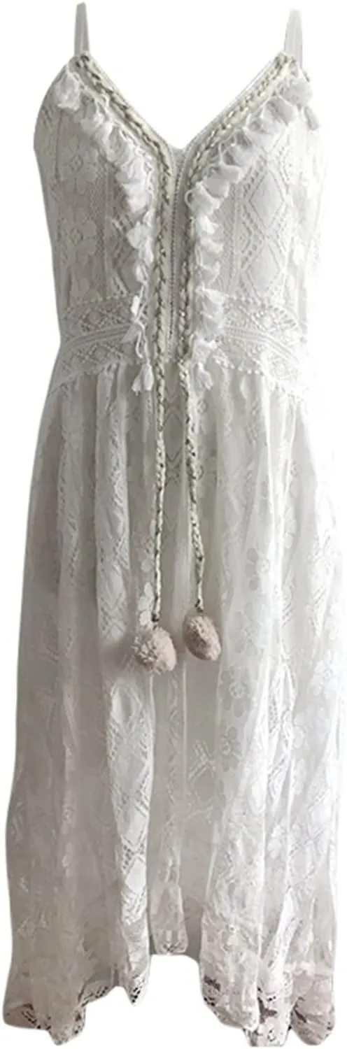 Women's Lace Up Dresses Boho Embroidery V-Neck Maxi Dress Flare Ruffle Lace Hem Beach Dress Swing Flowy Sundress