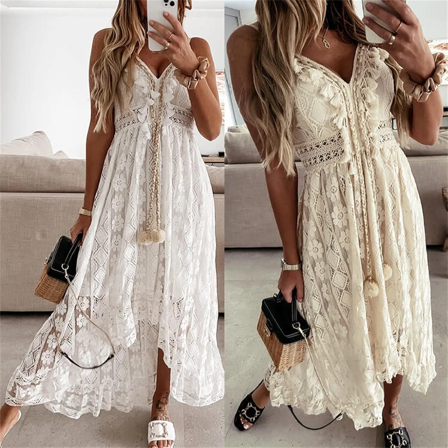 Women's Lace Up Dresses Boho Embroidery V-Neck Maxi Dress Flare Ruffle Lace Hem Beach Dress Swing Flowy Sundress