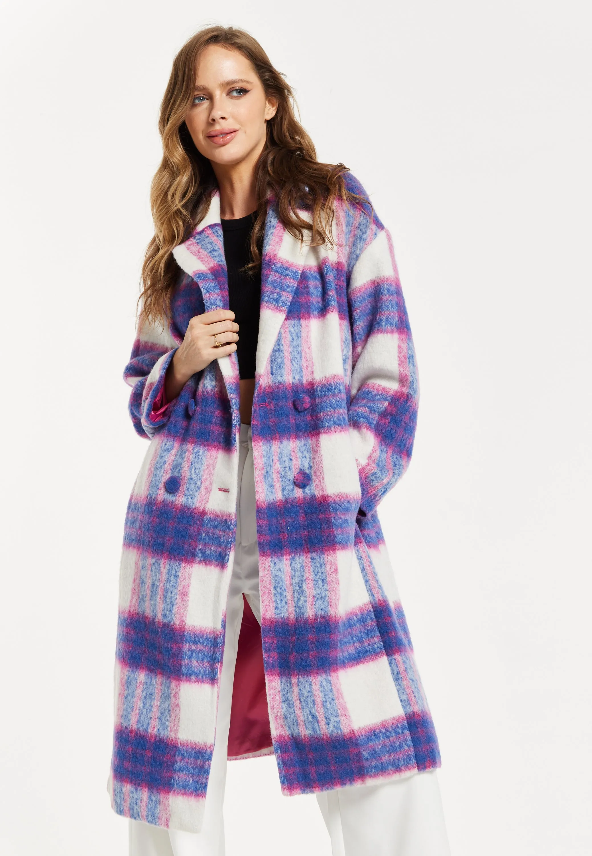 Women's Longline Coat in Pink and Navy Check with Notch Collar and Side Pockets, Relaxed Fit by Liquorish