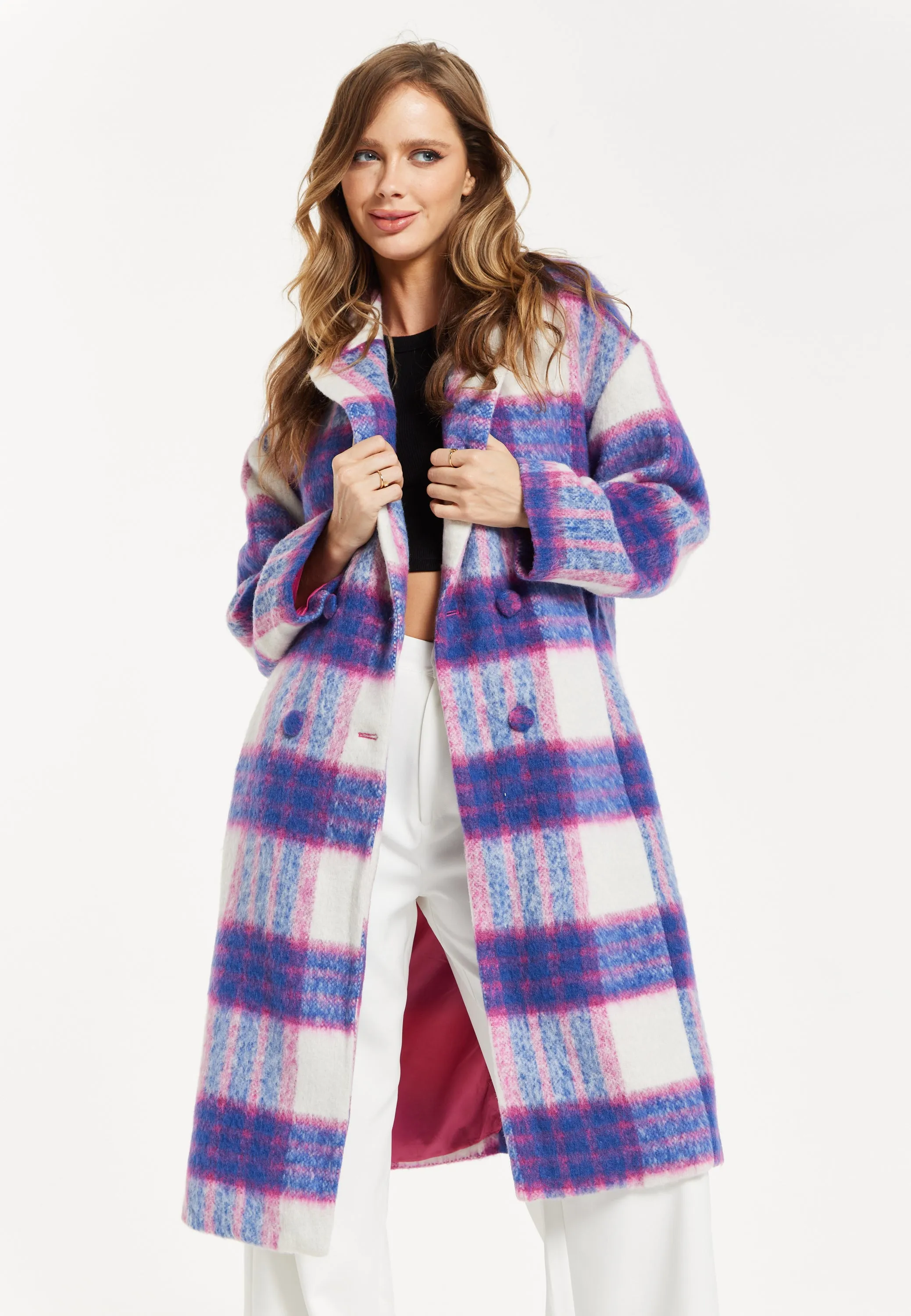 Women's Longline Coat in Pink and Navy Check with Notch Collar and Side Pockets, Relaxed Fit by Liquorish