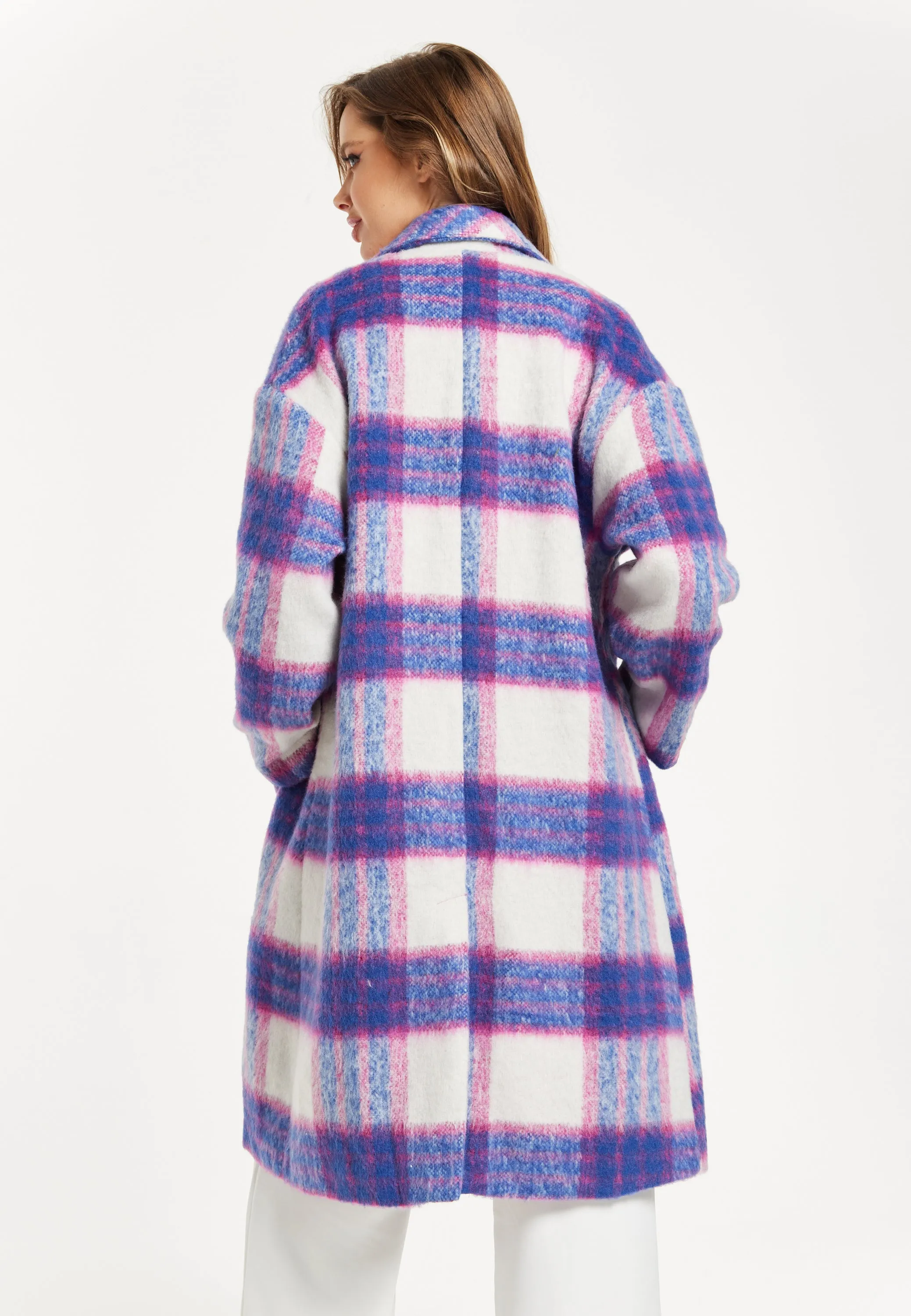 Women's Longline Coat in Pink and Navy Check with Notch Collar and Side Pockets, Relaxed Fit by Liquorish
