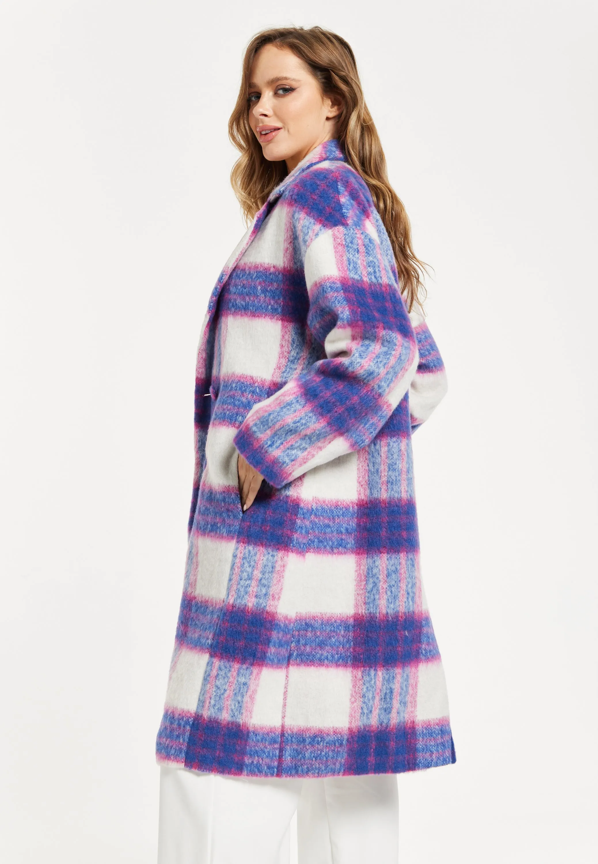Women's Longline Coat in Pink and Navy Check with Notch Collar and Side Pockets, Relaxed Fit by Liquorish