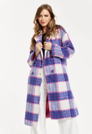 Women's Longline Coat in Pink and Navy Check with Notch Collar and Side Pockets, Relaxed Fit by Liquorish