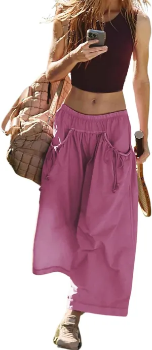 Women's Loose Wide Leg Track Pants Step by Step Pants Summer Wide Leg Lounge Casual Pant with Big Ruched Pockets