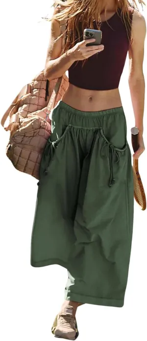 Women's Loose Wide Leg Track Pants Step by Step Pants Summer Wide Leg Lounge Casual Pant with Big Ruched Pockets