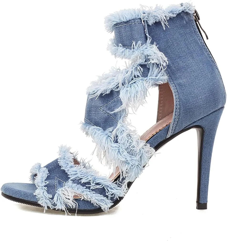 Women's Open Toe Denim High Heeled Sandals Fashion Comfortable Ankle Strap Stiletto Shoes