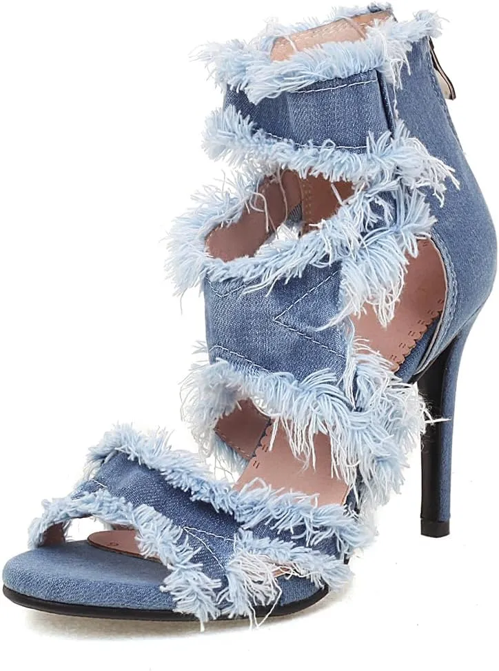 Women's Open Toe Denim High Heeled Sandals Fashion Comfortable Ankle Strap Stiletto Shoes
