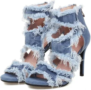 Women's Open Toe Denim High Heeled Sandals Fashion Comfortable Ankle Strap Stiletto Shoes