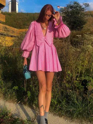 Women's plaid doll collar long-sleeved A-line dress with stylish design
