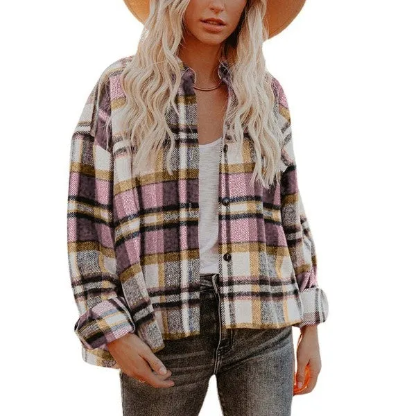 Women's Plaid Shacket | Polyester Jacket With Collar Neck & Button Closure