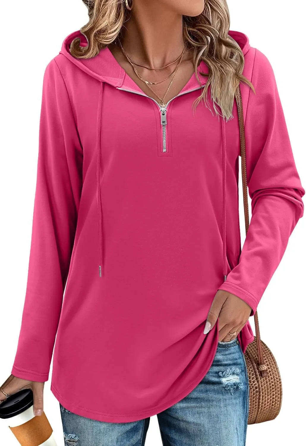 Women's Quarter Zip Tunic Hoodies Pullover Long Hooded Sweatshirts Long Sleeve Tops